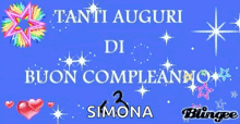 a blue background with the words tanti auguri di buon compleanno simona