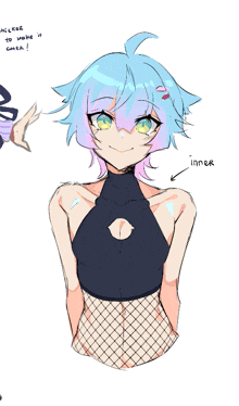 a drawing of a girl with blue hair and a sweater that says inner on the bottom