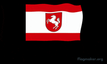 a red and white flag with a horse on the shield