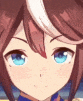 a close up of a anime character 's face with blue eyes and brown hair .