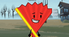 a red fan with arms and legs is smiling