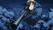 a cartoon character is holding a sniper rifle in the snow and the word tokes is on the bottom right