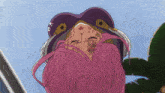 a woman with pink hair is wearing a purple hat that says vp