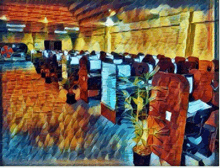 a painting of an office with lots of cubicles and a plant