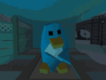 a blue penguin is standing in a hallway with the words " me2 " on the bottom