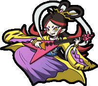 a girl in a purple and yellow dress is holding a red guitar