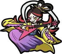 a girl in a purple and yellow dress is holding a red guitar