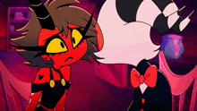 a couple of cartoon characters standing next to each other in a room .