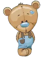 a brown teddy bear wearing blue shorts and suspenders