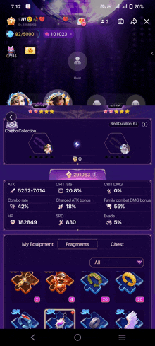 a screenshot of a game on a cell phone shows a character 's stats