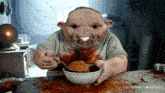 a cartoon character is eating a bowl of food with a spoon