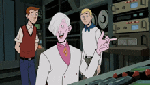 a cartoon of a man in a white suit and pink shirt