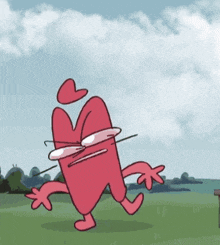 a cartoon character with glasses and a heart on his head is walking in a field