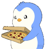 a penguin holding a box of pizza with the words pizza time written above it