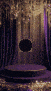 a stage with a purple curtain and a black circle in the middle