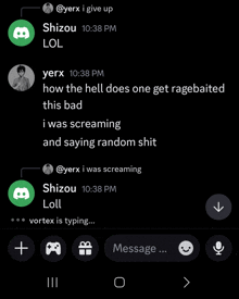 a screenshot of a conversation between shizou and yerx at 10:38 pm