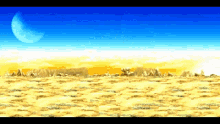 a painting of a desert landscape with a moon in the background