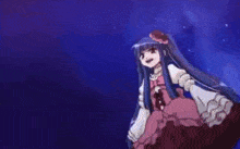 a girl with long blue hair and a red flower on her head