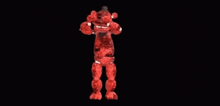 a red teddy bear is standing in the dark with the words ha ha ha ha ha