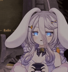 a girl with bunny ears is holding a controller in front of a sign that says " radio "