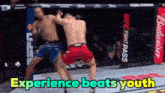 two men are fighting in a boxing ring and the words experience beats youth are on the bottom