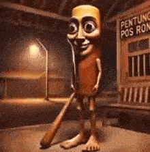 a cartoon character is holding a baseball bat in front of a building that says pentong pos ron .