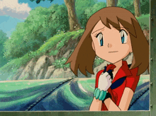 a cartoon girl with brown hair and blue eyes is looking out a window
