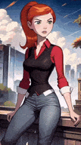 a cartoon character with red hair and green eyes