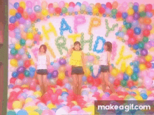 three girls are standing in front of a wall covered in balloons and a sign that says happy birthday .