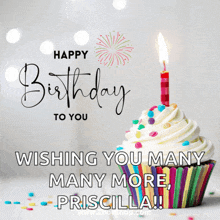 a birthday card with a cupcake with a lit candle and the words wishing you many many more priscilla