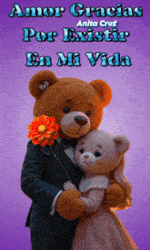 a couple of teddy bears standing next to each other on a purple background with the words amor gracias por existir en mi vida
