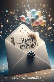 an envelope with balloons and a card that reads happy birthday