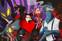 a group of cartoon characters standing next to each other with one smoking a cigarette