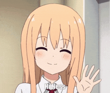 a cartoon girl with long blonde hair is waving her hand and says hiness .