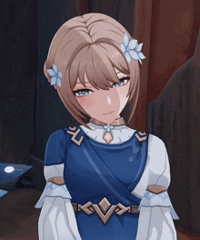 a girl with flowers in her hair and a blue dress