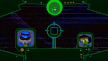 a video game screen shows a raccoon and a green man talking