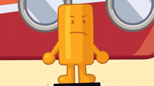 a cartoon character with an angry face is standing in front of a red object