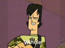 a cartoon character is smiling and holding a guitar with the name winnie written on it .