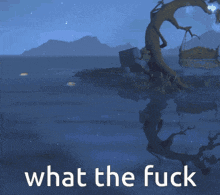 a picture of the ocean with mountains in the background and the words what the fuck on the bottom