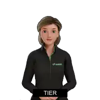 a woman wearing a black simax shirt holds a sign that says tier