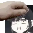 a hand is reaching out towards a picture of a girl with a funny face .