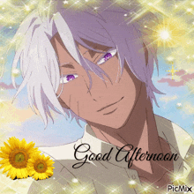 a picture of a man with purple eyes and the words good afternoon on it