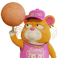 a cartoon cat wearing a pink sgrind hat holds a basketball