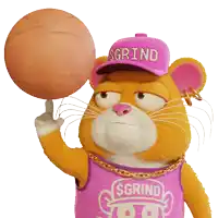 a cartoon cat wearing a pink sgrind hat holds a basketball