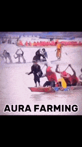 a group of people are in a boat with the words aura farming written on the bottom