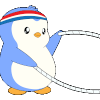 a blue and white penguin wearing a headband and holding a hula hoop