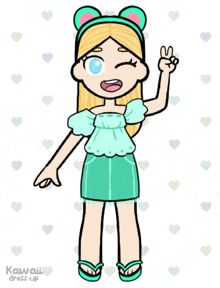 a drawing of a girl with a peace sign and the words kawaii dress up