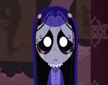 a cartoon character with purple hair and black eyes
