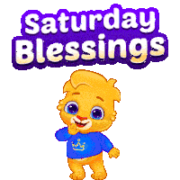 a cartoon character is wearing a blue shirt with a crown on it and says saturday blessings
