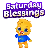 a cartoon character is wearing a blue shirt with a crown on it and says saturday blessings